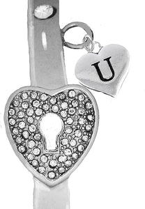 It Really Locks!, The Key To My Heart, "Initial U ", Cuff Crystal Bracelet, Hypoallergenic, Safe-Nickel, Lead, Free