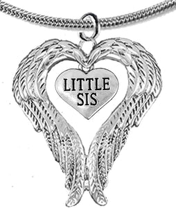 Guardian Angel, Heart (Love) Shaped Wings for Little Sis Necklace, Adjustable, Hypoallergenic, Safe-Nickel, Lead, Free