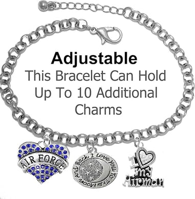 Air Force, I Love You to The Moon and Back, I Love My Airman, Adjustable Rolo Chain Bracelet, Hypoallergenic, Safe-Nickel, Lead, Cadmium Free