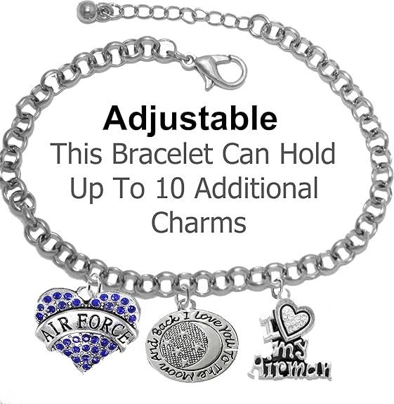 Air Force, I Love You to The Moon and Back, I Love My Airman, Adjustable Rolo Chain Bracelet, Hypoallergenic, Safe-Nickel, Lead, Cadmium Free