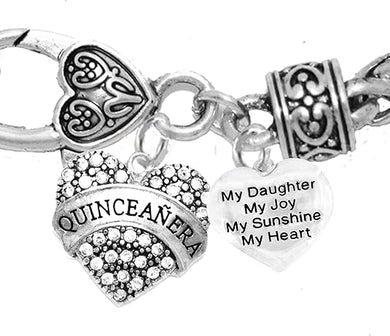 The Perfect Gift, Quinceanera Genuine Crystal Heart, My Daughter, My Joy, My Sunshine, My Heart, Hypoallergenic Antique Wheat Chain Bracelet, Safe-Nickel, Lead & Cadmium Free!