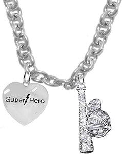 Super Hero, Crystal Hat And Bat, Softball/Baseball, Sterling Silver, Solid .925 Sterling, Not Plated Or Coated,18 Inch Necklace.Charm,Nickel,Lead Free.Fast
