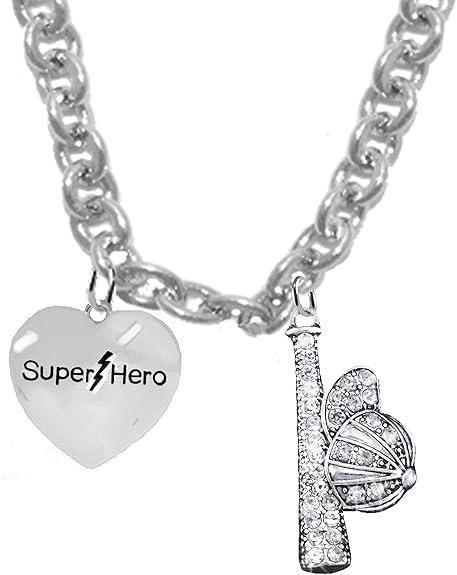 Super Hero, Crystal Hat And Bat, Softball/Baseball, Sterling Silver, Solid .925 Sterling, Not Plated Or Coated,18 Inch Necklace.Charm,Nickel,Lead Free.Fast