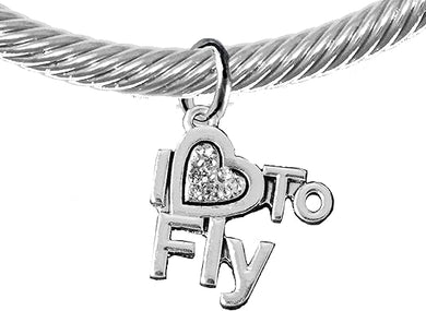 I Love to Fly, Adjustable, Hypoallergenic Genuine Cable Silvertone Charm Bracelet, Nickel, Lead, and Cadmium Free