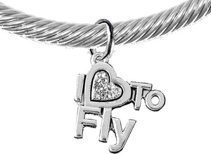 I Love to Fly, Adjustable, Hypoallergenic Genuine Cable Silvertone Charm Bracelet, Nickel, Lead, and Cadmium Free