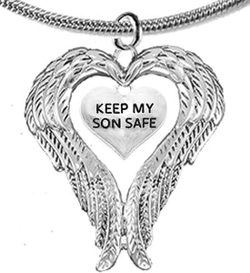 Guardian Angel, Heart (Love) Shaped Wings, Keep My Son Safe Crystal Necklace, Adjustable, Hypoallergenic, Safe-Nickel, Lead, Free