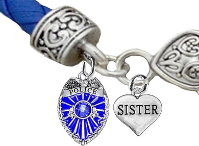Policeman's Badge. Policeman's Sister Heart, Blue Leather Bracelet, Hypoallergenic, Safe-No Nickel, Lead,or Cadmimum