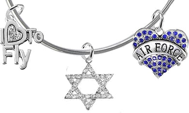 Air Force, I Love to Fly, Genuine Crystal Star of David, Adjustabe Bracelet, Hypoallergenic, Safe-Nickel, Lead Free