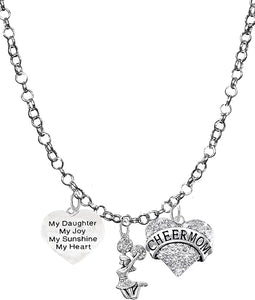 Cheer Mom, My Daughter, My Joy, My Sunshine, My Heart, Crystal Jumping Cheerleade, Hypoallergenic, Rolo Chain Charm Necklace, Nickel, Lead, and Cadmium Free