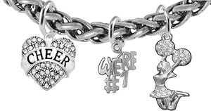 Cheer Heart, Were #1, Jumping Cheerleader, Hypoallergenic Genuine Crystal Charm Bracelet, Nickel, Lead, And Cadmium Free