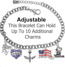 Air Force, 5 Charm Bracelet, I Love My Airman, I Love to Fly, Jet, Flag, and Heart, Adjustable, Rolo Chain Bracelet, Hypoallergenic, Safe-No Nickel, Lead, Or Cadmium