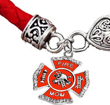 Firefighter's Mom, On A Red Woven Leather Hypoallergenic Bracelet, Nickel, Lead, And Poisonous Cadmium Free