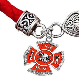 Firefighter's Mom, On A Red Woven Leather Hypoallergenic Bracelet, Nickel, Lead, And Poisonous Cadmium Free