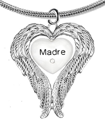 Guardian Angel, Heart (Love) Shaped Wings, Madre Crystal Necklace, Adjustable, Hypoallergenic, Safe-Nickel, Lead, Free