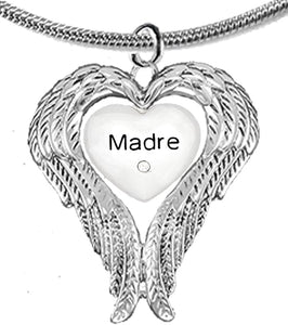 Guardian Angel, Heart (Love) Shaped Wings, Madre Crystal Necklace, Adjustable, Hypoallergenic, Safe-Nickel, Lead, Free