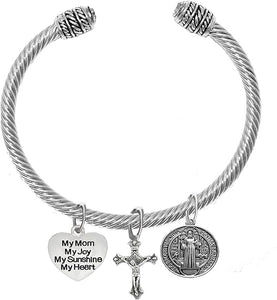 Saint Benedict Protective Charm, My Mom, My Joy, Crucifix, My Sunshine, My Heart, And Prayer, Protect Me From Harm, From Evil, From The Devil Adjustable Bracelet Nickle, Lead, Cadmium Free