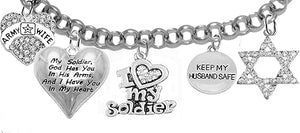 Army Wife, My Soldier, God Has You In His Arms And I Have You In My Heart, Star Of David, Keep My Husband Safe, Adjustable Bracelet, Hypoallergenic Safe, No Nickel, Lead, Or Poisonous Cadmium