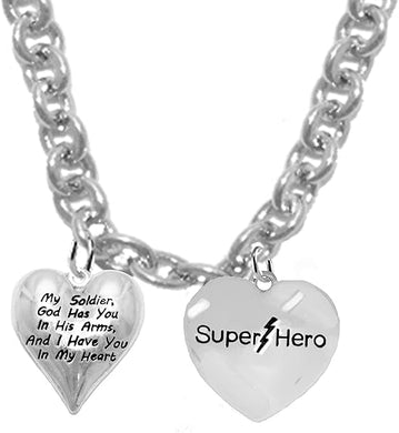 My Soldier, God Has You In His Arms, And I have You In My Heart, Super Hero, STERLING SILVER Solid .925 Sterling, Not Plated Or Coated. 18 Inch Necklace, Charm Nickel, Lead, Cadmium Free