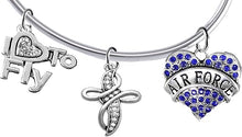 Air Force, I Love to Fly, Genuine Crystal, Beautiful Crystal Cross, Adjustable, Removable End Ball Bracelet, Add Charms Without Tools, Hypoallergenic, Safe-Nickel, Lead Free