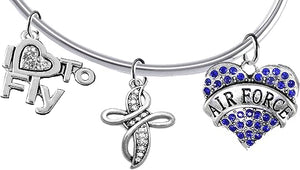 Air Force, I Love to Fly, Genuine Crystal, Beautiful Crystal Cross, Adjustable, Removable End Ball Bracelet, Add Charms Without Tools, Hypoallergenic, Safe-Nickel, Lead Free