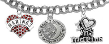 Marine, I Love You to The Moon and Back, Crystal I Love My Marine, Adjustable Rolo Chain Bracelet, Hypoallergenic, Safe-Nickel, Lead, Cadmium Free