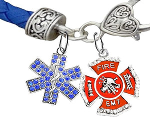 EMT Genuine Crystal Symbol, Firefighter/EMT, On A Blue Leather Hypoallergenic Bracelet, Nickel, Lead, and Poisonous Cadmium Free