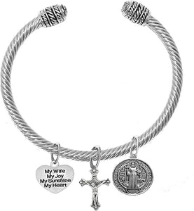 Saint Benedict Protective Charm, My Wife, My Joy, Crucifix, My Sunshine, My Heart, And Prayer, Protect Me From Harm, From Evil, From The Devil Adjustable Bracelet Nickle, Lead, Cadmium Free