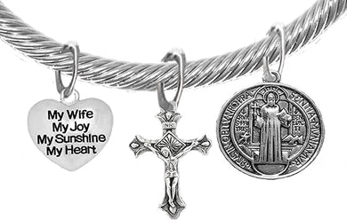 Saint Benedict Protective Charm, My Wife, My Joy, Crucifix, My Sunshine, My Heart, And Prayer, Protect Me From Harm, From Evil, From The Devil Adjustable Bracelet Nickle, Lead, Cadmium Free
