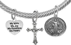 Saint Benedict Protective Charm, My Wife, My Joy, Crucifix, My Sunshine, My Heart, And Prayer, Protect Me From Harm, From Evil, From The Devil Adjustable Bracelet Nickle, Lead, Cadmium Free