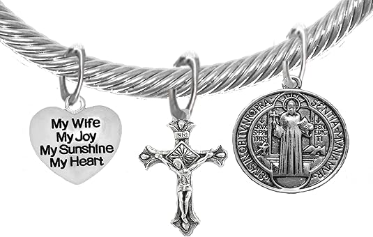 Saint Benedict Protective Charm, My Wife, My Joy, Crucifix, My Sunshine, My Heart, And Prayer, Protect Me From Harm, From Evil, From The Devil Adjustable Bracelet Nickle, Lead, Cadmium Free