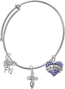 Air Force, I Love to Fly, Genuine Crystal, Beautiful Crystal Cross, Adjustable Miracle Wire Bracelet, Hypoallergenic, Safe-Nickel, Lead Free