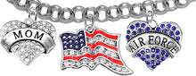 Air Force Mom, Crystal American Flag, Licensed Air Force Charm, Adjustable Rolo Chain Bracelet, Hypoallergenic, Safe-Nickel, Lead, Cadmium Free