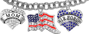 Air Force Mom, Crystal American Flag, Licensed Air Force Charm, Adjustable Rolo Chain Bracelet, Hypoallergenic, Safe-Nickel, Lead, Cadmium Free