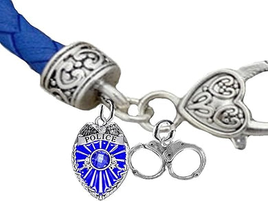 Policeman, Badge And Handcuffs, Blue Leather Bracelet, Hypoallergenic, Safe-No Nickel, Lead,or Cadmimum