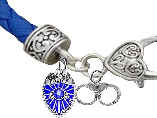Policeman, Badge And Handcuffs, Blue Leather Bracelet, Hypoallergenic, Safe-No Nickel, Lead,or Cadmimum