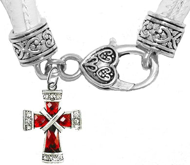 Red Genuine Crystal Cross, On A Genuine White Multi-Strand Leather Bracelet, Hypoallergenic, Safe-No Nickel, Lead, Or Poisonous Cadmium In Bracelet