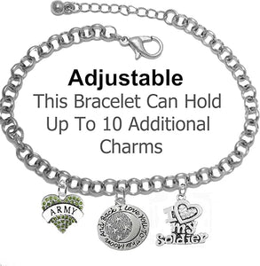 Army, " I Love You To The Moon And Back ", Crystal I Love My Soldier, Licensed Army Charm, Adjustable Rolo Chain Bracelet, Hypoallergenic, Safe-Nickel, Lead, Cadmium Free
