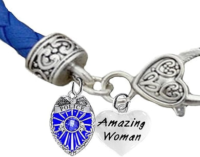 PoliceWoman, Amazing Woman Heart, Blue Leather Bracelet, Hypoallergenic, Safe-No Nickel, Lead,or Cadmimum