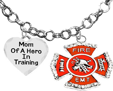 EMT, Firefighter, Mom Of A Hero In Training, Fire Department Charm, On A Adjustable Rolo Chain Necklace, Hypoallergenic Safe-Nickel, Lead And Cadmium Free