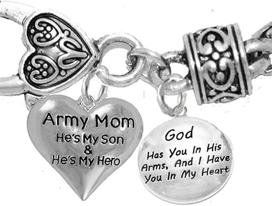 Army Mom, He's My Hero, God Has You in His Arms and I Have You in My Heart, Hypoallergenic Safe, No Nickel, Lead, Or Poisonous Cadmium in Bracelet