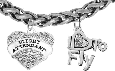 Flight Attendant, I Love to Fly, Hypoallergenic, Genuine Crystal, Wheat Chain Bracelet, Nickel, Lead, and Cadmium Free