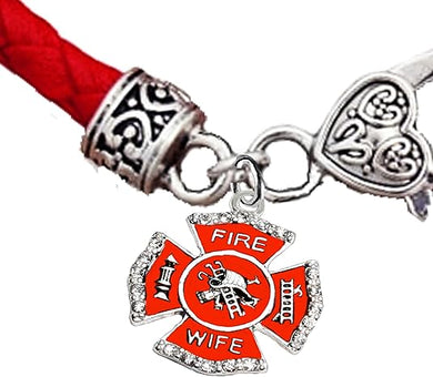 Firefighter's Wife, On A Red Woven Leather Hypoallergenic Bracelet, Nickel, Lead, And Poisonous Cadmium Free