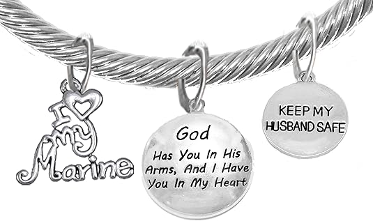 Marine Wife, My Husband, God Has You In His Arms And I Have You In My Heart, Adjustable, Hypoallergenic Safe, No Nickel, Lead, Or Poisonous Cadmium In Bracelet