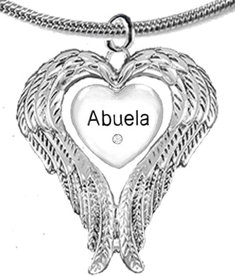 Guardian Angel, Heart (Love) Shaped Wings, Abuela Crystal Necklace, Adjustable, Hypoallergenic, Safe-Nickel, Lead, Free