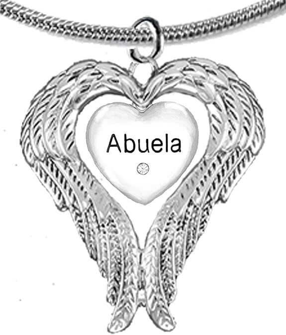 Guardian Angel, Heart (Love) Shaped Wings, Abuela Crystal Necklace, Adjustable, Hypoallergenic, Safe-Nickel, Lead, Free