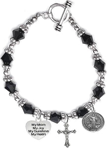 Saint Benedict Protective Charm, My Mom, My Joy, My Sunshine, My Heart, and Prayer, Protect Me from Harm, from Evil, Hypoallergenic Black Crystal Bracelet, Nickel, Lead, Cadmium Free