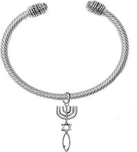 Messianic Seal of Jerusalem With Menorah, Star Of David, Christian Fish ( Ichthys ) On A Adjustable Silver Cable Bracelet, With Genine Crystal Ends, Hypoallergenic, Safe-Nickel, Lead, Cadmium Free