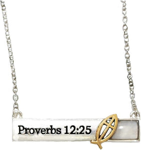 Proverbs 12:25 "Anxiety Weighs Down The Heart, But A Kind Word Cheers It Up", Bar, Silvertone Finish, Gold (Ichthys) With Cross Fish, Necklace,Hypoallergenic Safe- No Nickel,Lead, Or Poisonous Cadmium