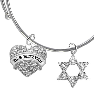 Bas Mitzvah Adjustable Bracelet, Genuine Crystal Heart, Star Of David, Hypoallergenic, Safe-No Nickel, Lead,or Cadmimum