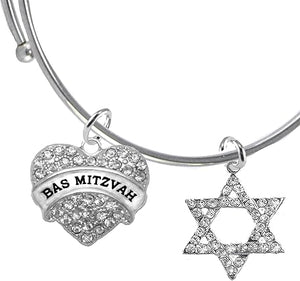 Bas Mitzvah Adjustable Bracelet, Genuine Crystal Heart, Star Of David, Hypoallergenic, Safe-No Nickel, Lead,or Cadmimum